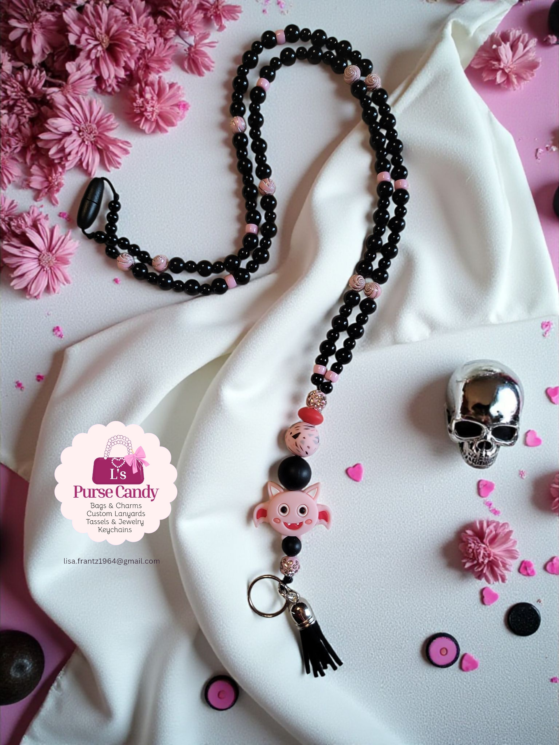 Batty In Pink Beaded Lanyard